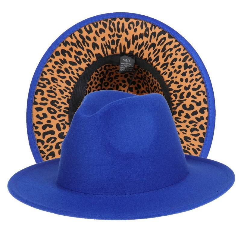 Double-sided Color-blocking Leopard Print Woolen Fedora Hat - Mubimart