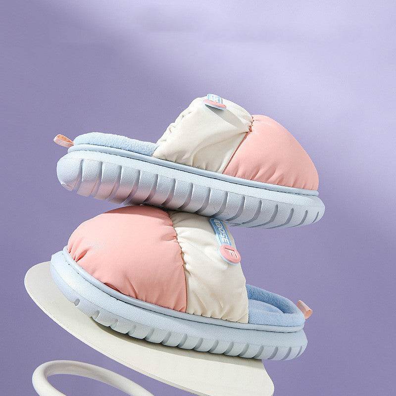 Mixed-color Down Cotton Slippers Winter Warm Indoor Non-slip Couple Thick-soled Home Shoes For Women Fashion Fuzzy House Slipper - Mubimart