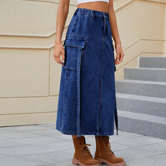 Washed Elastic Waist Ribbon Workwear Skirt - Mubimart