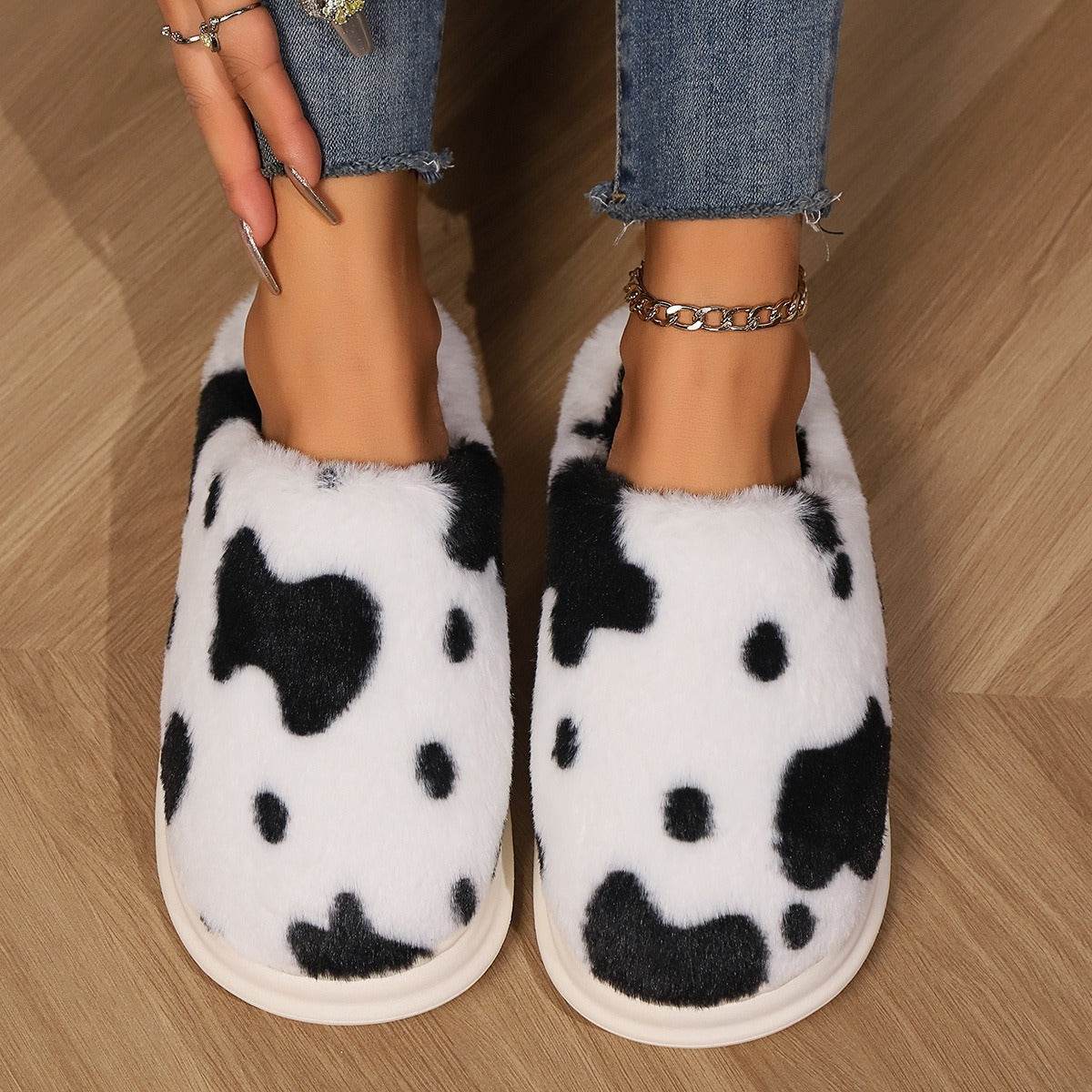 Cute Cow Spotted Plush Slippers Winter Warm Non-slip Bedroom Floor Fuzzy Slipper Couple Women House Shoes - Mubimart
