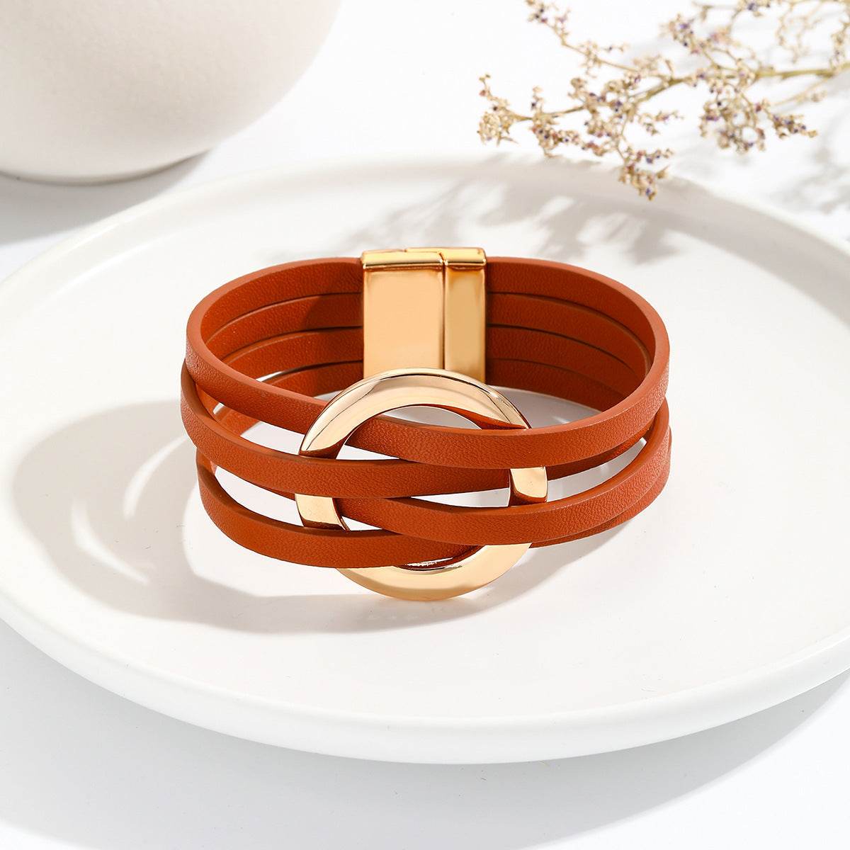 Cross Leather Women Bracelet Metal Big Ring Cuff Bangle Multi-layer Wristband Magnetic Snap Bangle - Mubimart