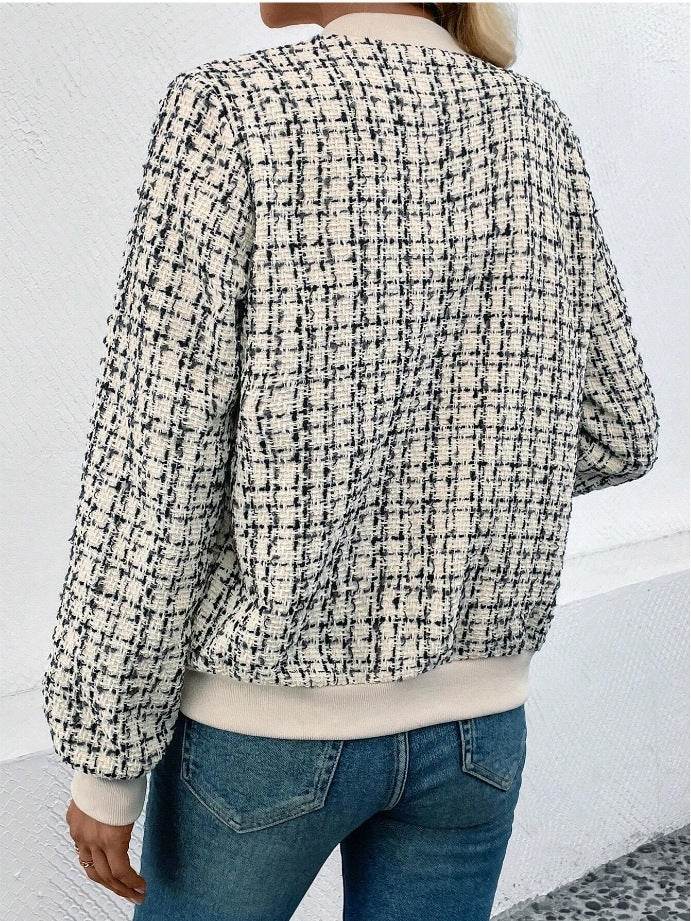 Fashion Plaid Zipper Short Jacket Autumn And Winter Casual Long Sleeve Baseball Clothing Women's Outwear Tops - Mubimart