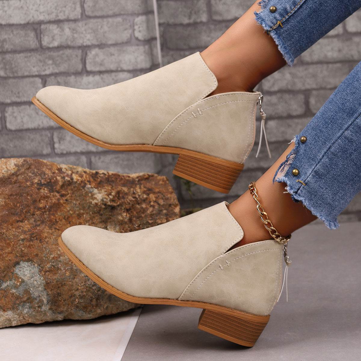 Chunky Heel Pointed Toe Ankle Boots With V-cut Design Fashion Fall Winter Short Boots For Women Shoes - Mubimart