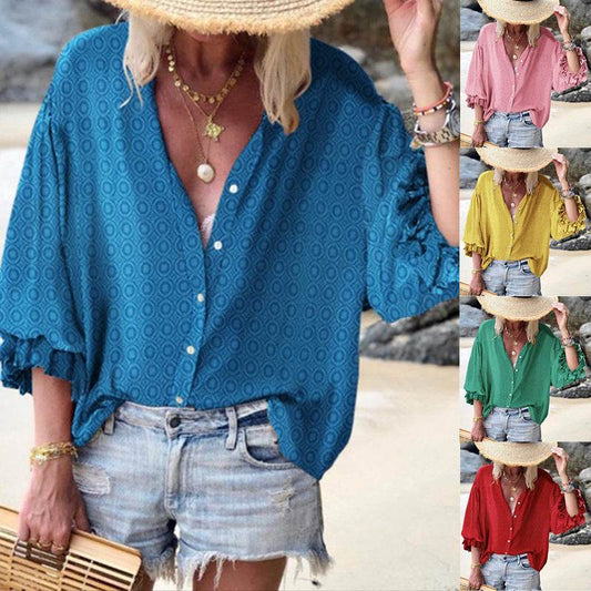 Small dot casual button down blouse for women - Mubimart