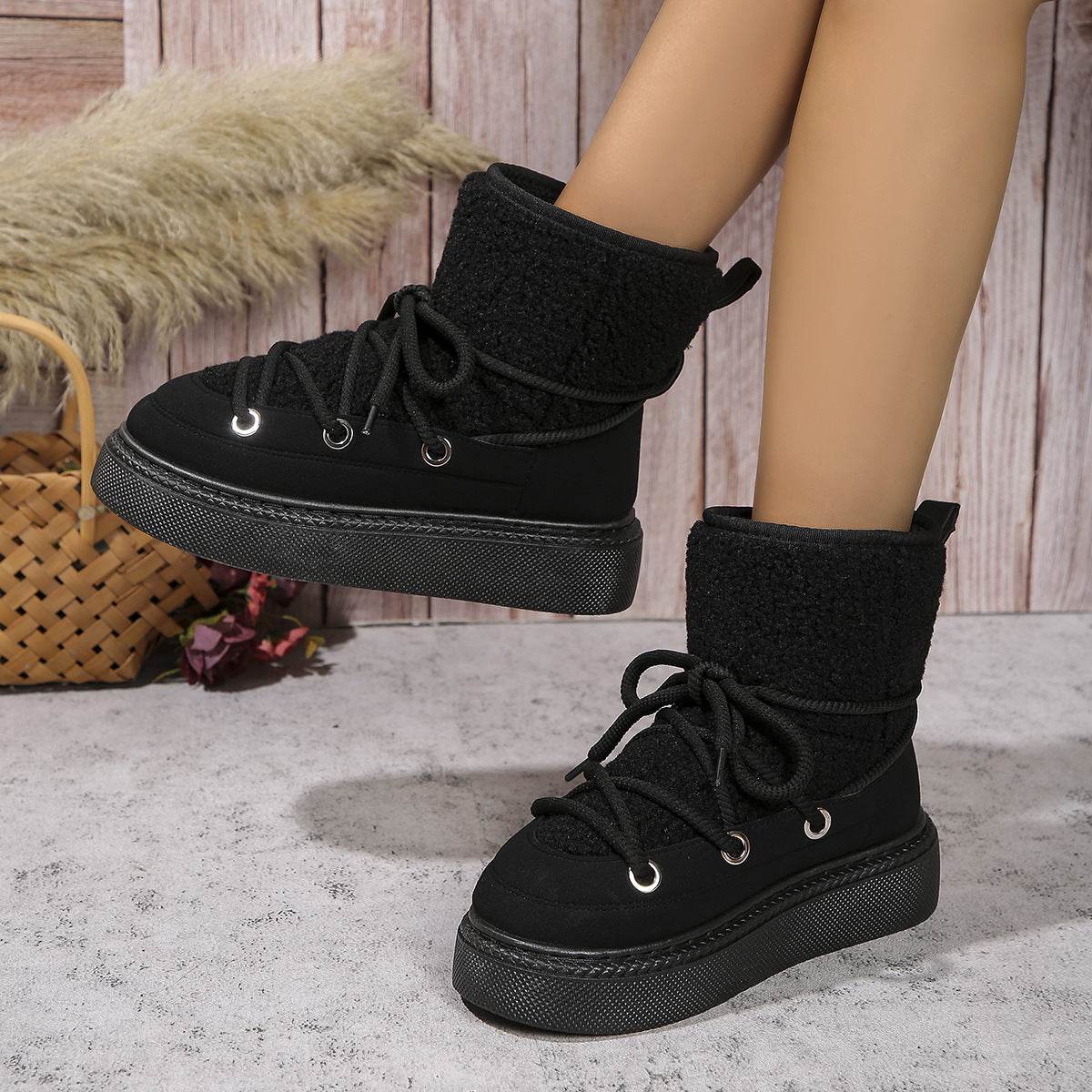 Fashion Lace-up Snow Boots Winter Flat Thick-soled Height-enhancing Cotton Shoes For Women Casual Warm Short Boot - Mubimart