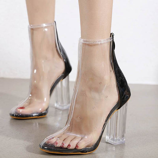 Crystal Thick Heel Transparent Plastic Color Matching High Heel Pointed Toe Women's Sandal Boots - Mubimart