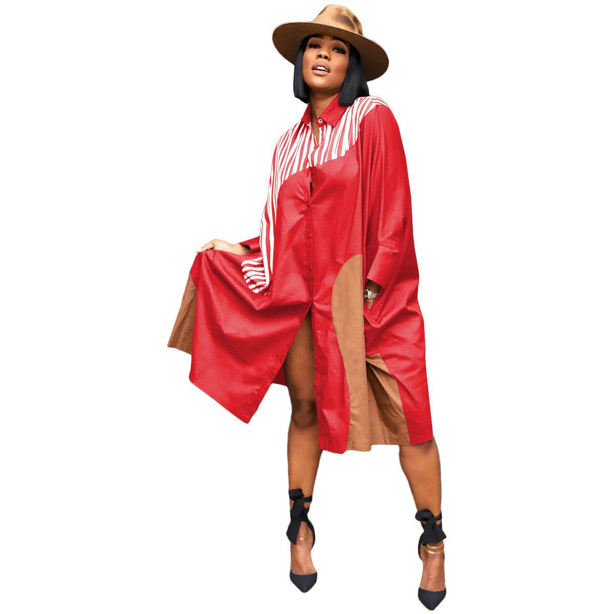 European And American Plus Size Loose Multicolor Batwing Sleeve Shirt Idle Style Dress - Mubimart
