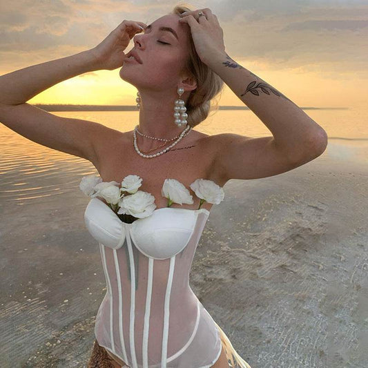 Breast Cup Mesh Corset Bra Women's Solid Color Top - Mubimart