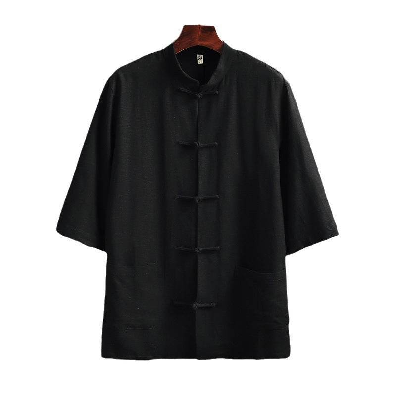 Stand Collar Linen Men's Short Sleeve Cotton Linen Shirt - Mubimart