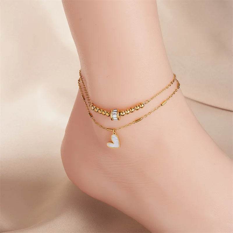 Fashion Jewelry Boho Classic Love Heart Ankle Chain Double Layer Chain Bracelet Anklet Charm Tassel Leg Chain On Foot Chain Women Party Jewelry Accessories - Mubimart