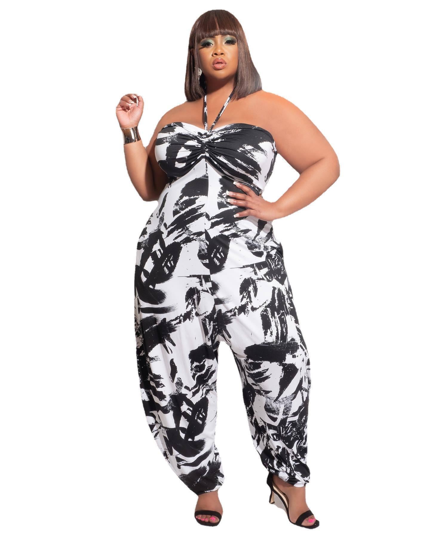 Plus Size Women's Halter Loose Lantern Sleeveless Print Jumpsuit - Mubimart -  