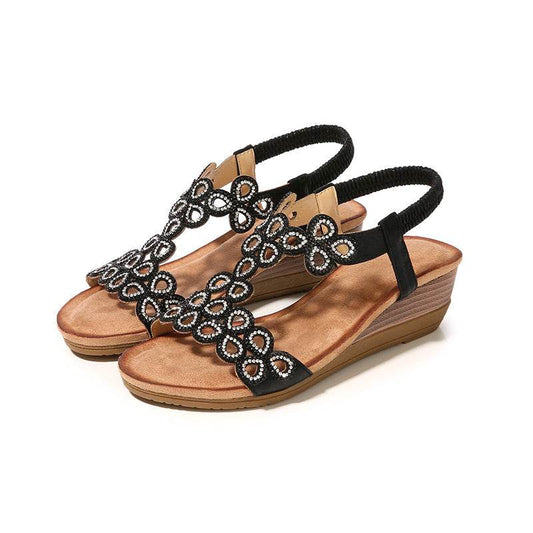 Rhinestone Bohemian Wedge Sandals - Mubimart