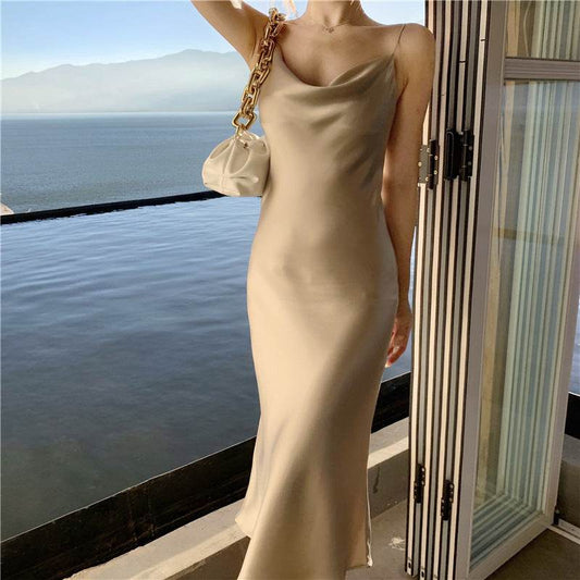 Sleek Acetate Satin Swing Neck Slip Dress - Mubimart