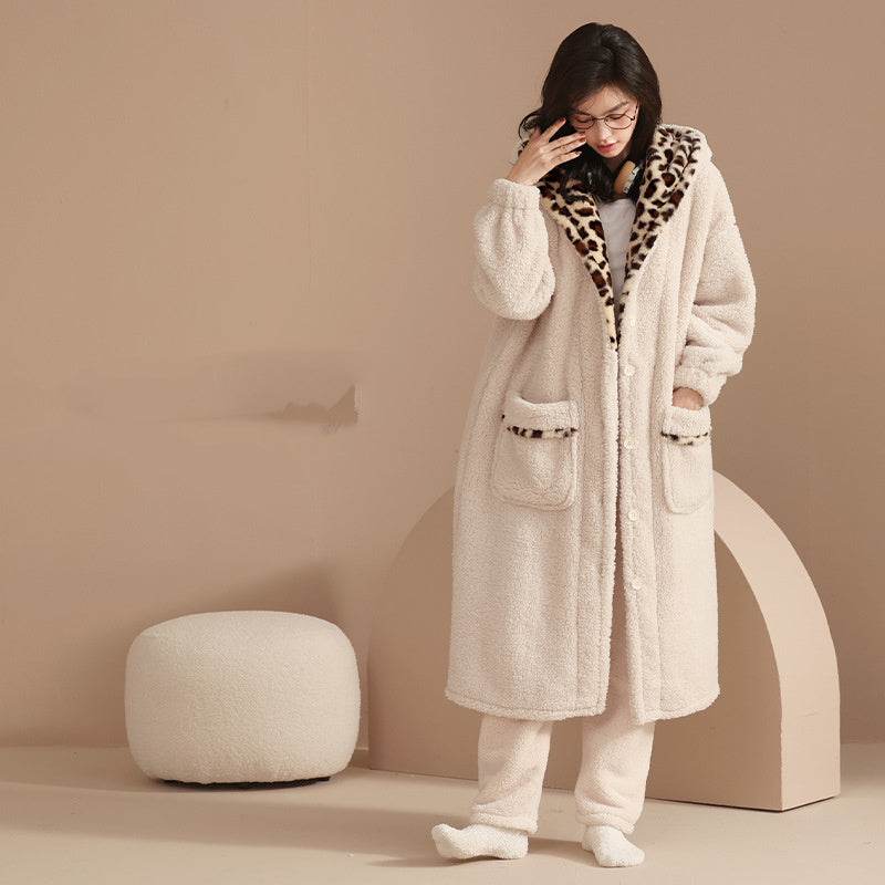 Korean Hooded Warm Female Long Robe Pajamas Plus Velvet - Mubimart