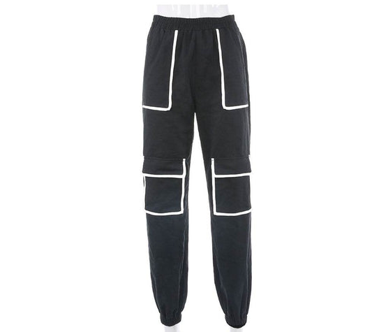 White Stripe Cargo Pants Women Trousers Pockets Patchwork Contrast Color High Waist Pants Hip Hop Capris - Mubimart