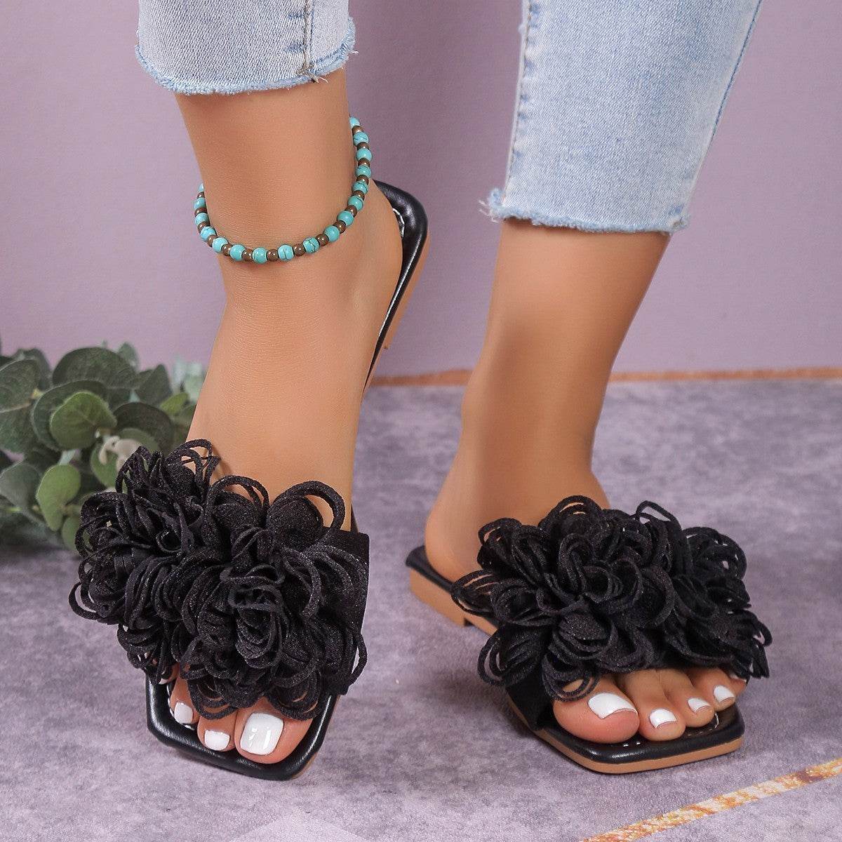 Fashion Flower Flat Slippers For Women - Mubimart