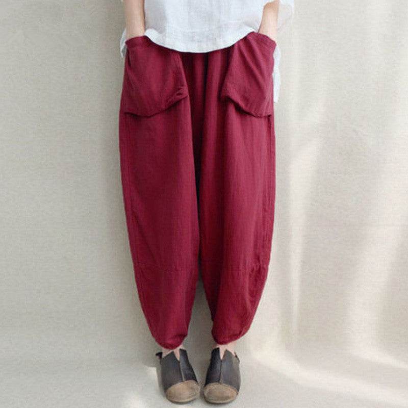 Women Autumn Elastic Waist Solid Pockets Harem Pants Cotton Linen Loose Long Capris Pantalon Trousers Plus Size - Mubimart