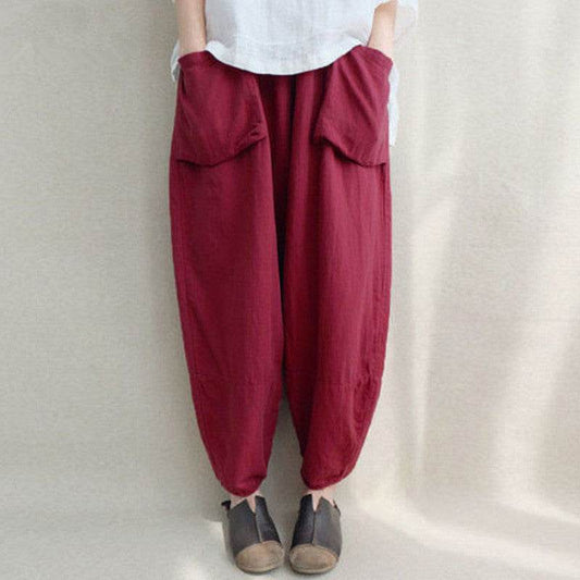 Women Autumn Elastic Waist Solid Pockets Harem Pants Cotton Linen Loose Long Capris Pantalon Trousers Plus Size - Mubimart