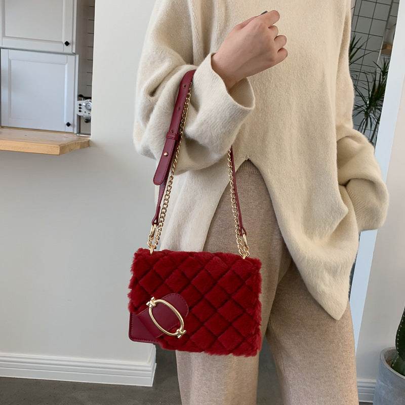Soft Plush Ladies Square Messenger Bag Winter Female Bag Lady Designer Handbag Chain Shoulder Messenger Bag - Mubimart