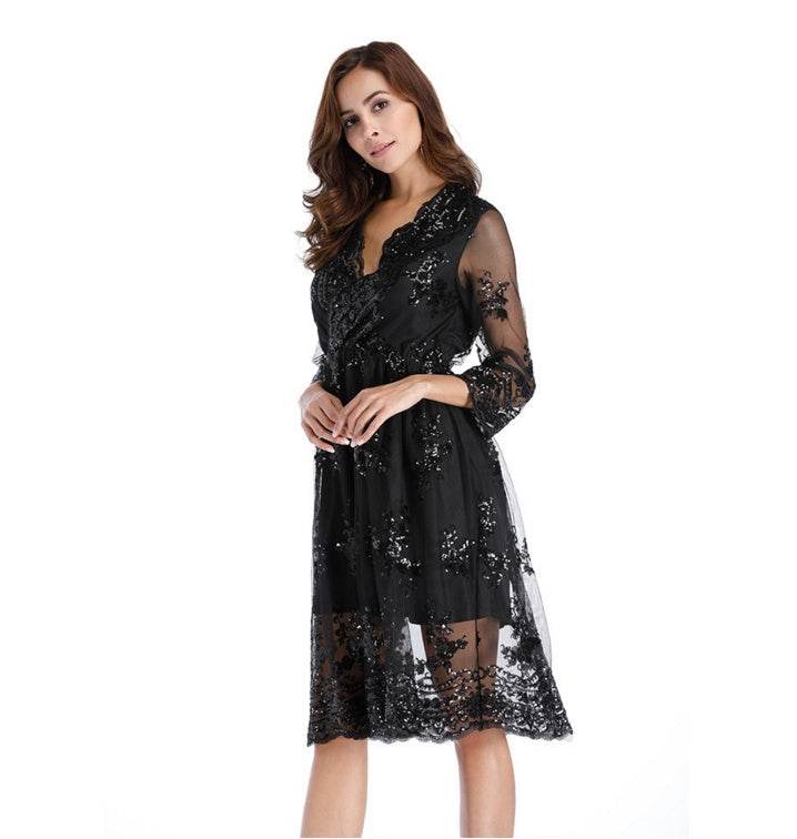 Simplee V long neck party dresses women sexy mesh streetwear Christmas MIDI dress female autumn dress - Mubimart