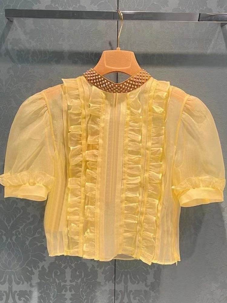 Ruffle Stitching Puff Sleeve Sweet French Tunic Women - Mubimart