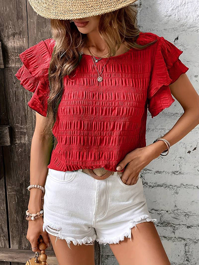 Summer Ruffled Short-sleeved T-shirt Casual Round Neck Pleated Design Top For Women Clothing - Mubimart -  