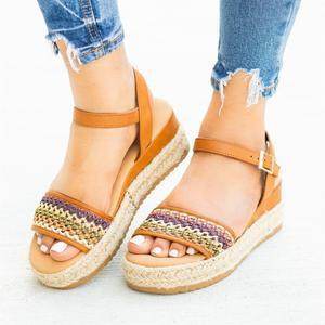 Sandals women's linen braided platform wedge sandals - Mubimart