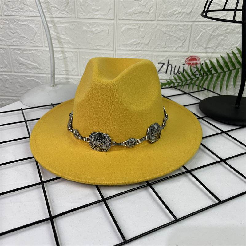 Hat Silver Square Chain Top Hat Wide Brim Flat Edge Woolen Fedora Hat - Mubimart