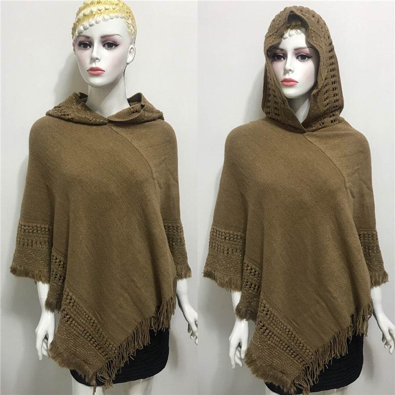 Solid Color Hollow Tassel Plus Size Cape And Shawl - Mubimart