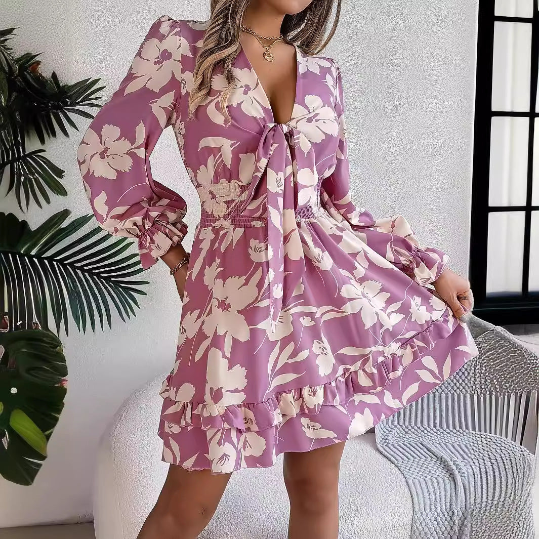 New Floral Printed V-Neck Long Sleeve Dress Fashion Ruffles Bowknot A-Line Short Dress Women's Clothing - Mubimart -  