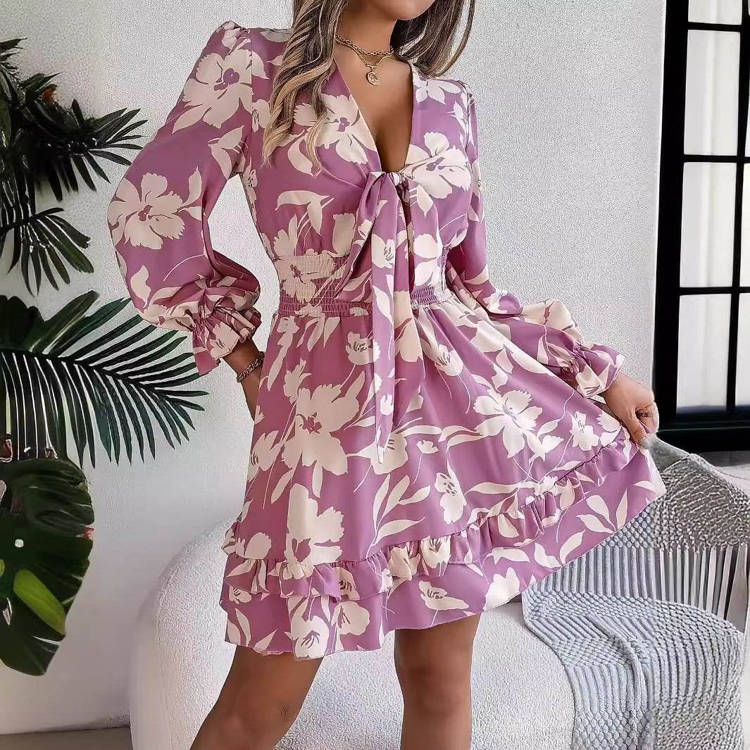 New Floral Printed V-Neck Long Sleeve Dress Fashion Ruffles Bowknot A-Line Short Dress Women's Clothing - Mubimart