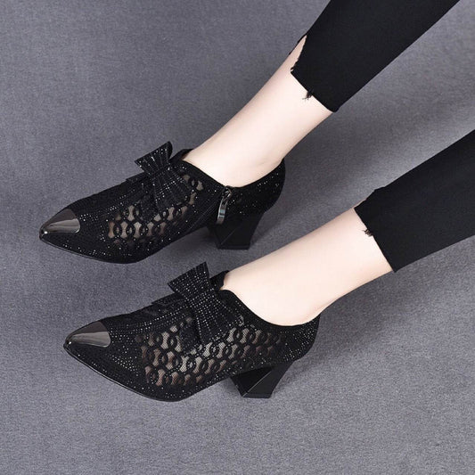Block-heel Mid-high-heel Pointed Black Zipper Sandals - Mubimart