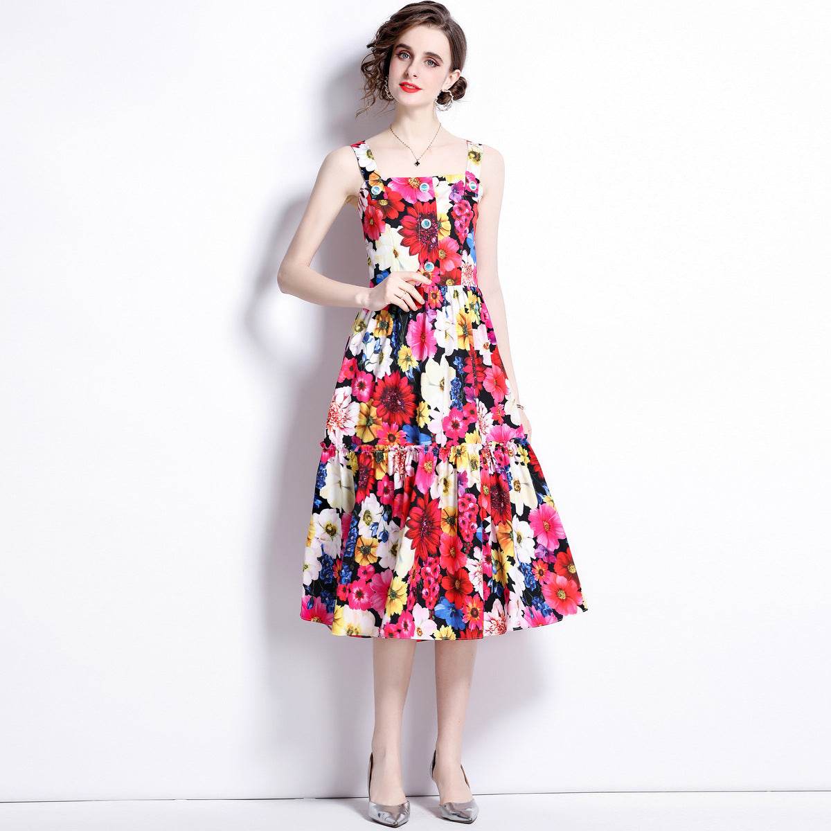 French Slip Dress Summer Print Flounces Vacation - Mubimart
