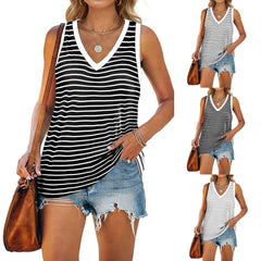 Striped Stitching Sleeveless T-shirt For Women