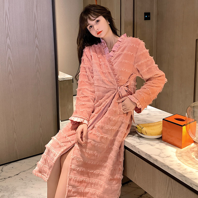 Winter Nightgown Women Coral Fleece Plus Velvet Thick Bathrobe Cute - Mubimart -  