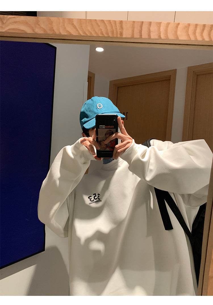 Foam Letter Printed Crew Neck Sweatshirt Leisure Pullover Bottoming Shirt Youth Trendy Handsome Top Plus Size - Mubimart