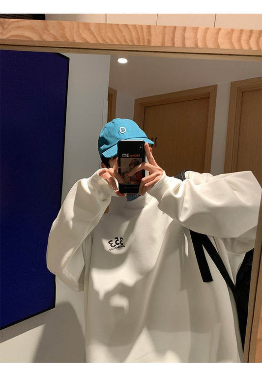 Foam Letter Printed Crew Neck Sweatshirt Leisure Pullover Bottoming Shirt Youth Trendy Handsome Top Plus Size - Mubimart