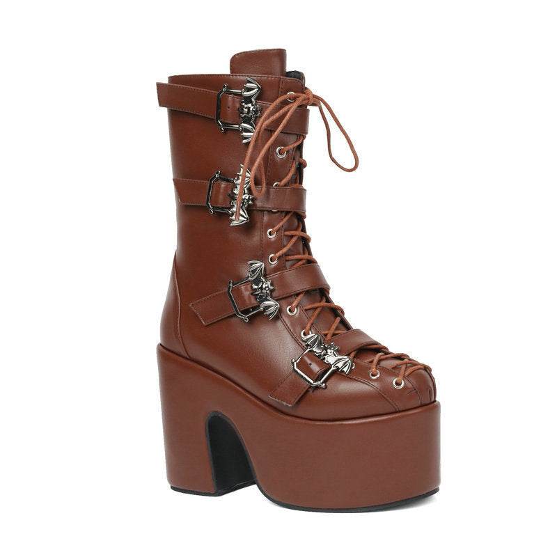 Hot Girl Punk Platform Martin Boots Women's Round Head Gothic Muffin Bottom Tall Knight Boots - Mubimart