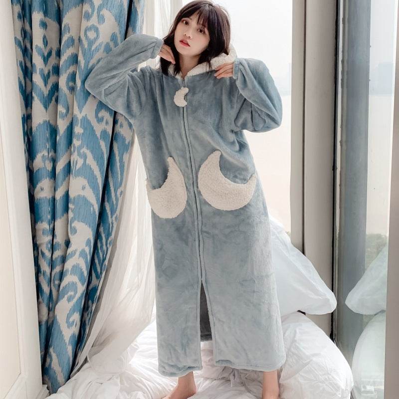 Winter Stars And Moon Flannel Girlfriends Pajamas Female Couple Nightgown Plus Size Lamb Cashmere Home Service - Mubimart