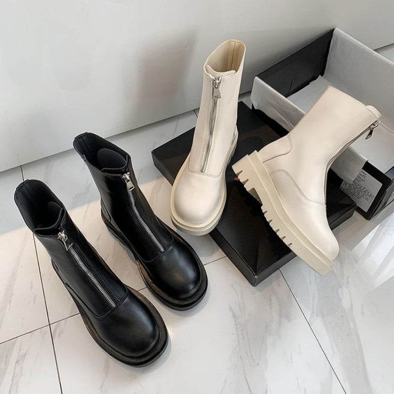 Retro Mid-calf Length Thin Front Women's Zipper Boots - Mubimart
