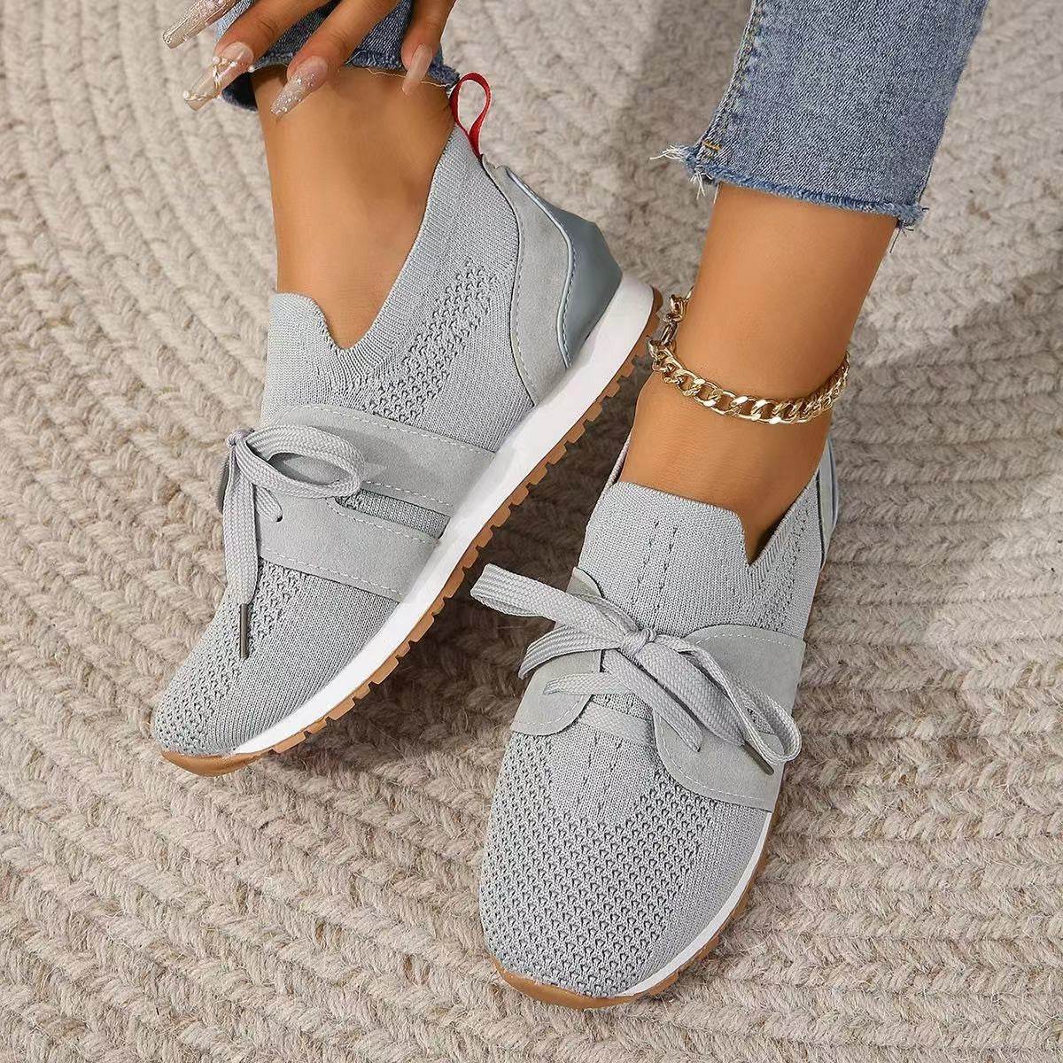 New Lace Up Mesh Flats Shoes For Women Breathable Casual Breathable Walking Wedges Shoes - Mubimart