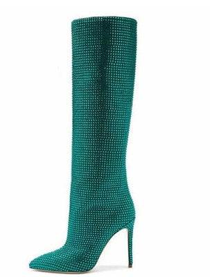 Women's Fashion Pointed Toe Stiletto Rhinestone Tall Boots - Mubimart