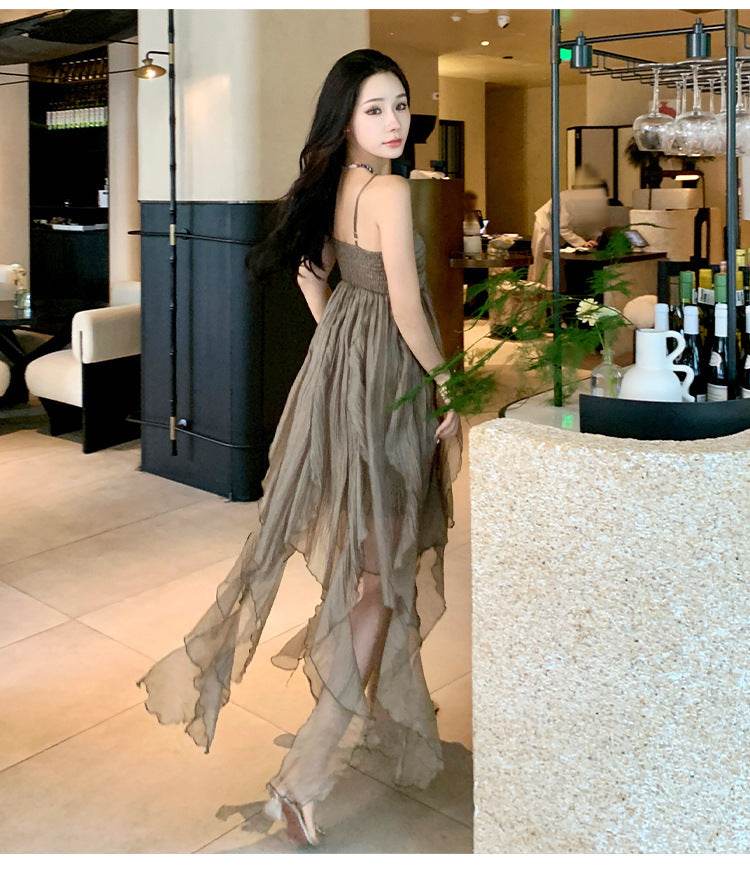 Pleated Irregular Elegant Midi Dress - Mubimart