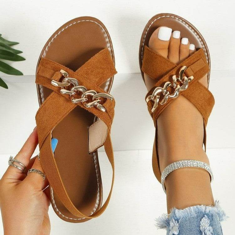 Chains Sandals Summer Outdoor Flat Shoes Elasticated Open Toe Slides Beach Shoes - Mubimart