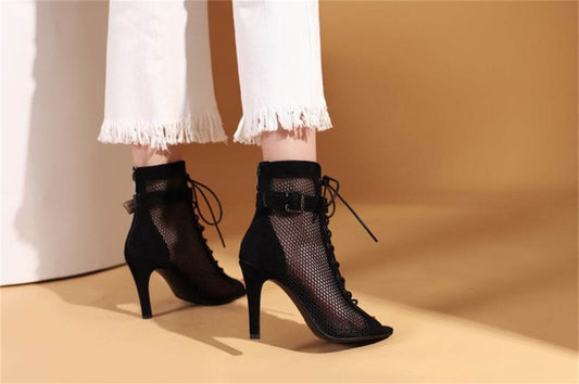 Stylish Peep Toe Hollow Mesh Cross Lace-up Buckle Dance High Heels - Mubimart
