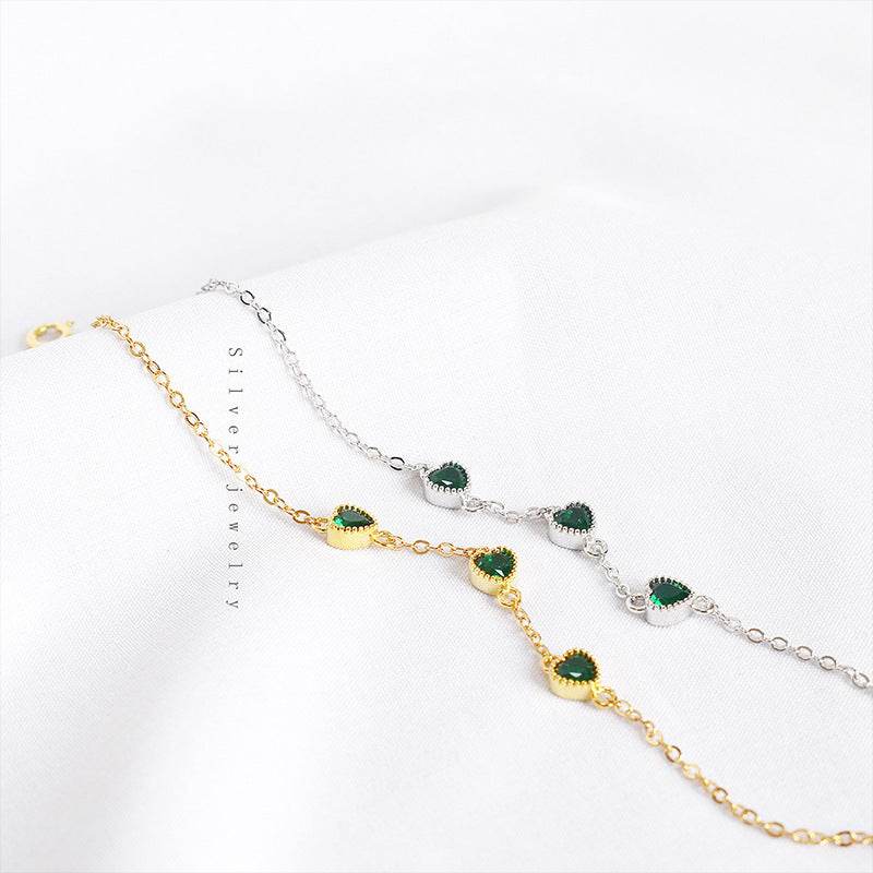 French Retro S925 Sterling Silver Three Lovely Emerald Gemstone Bracelet - Mubimart