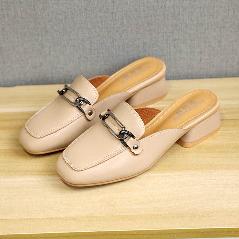 Square Toe Chunky Heel Mules Shoes Comfortable Women's Slippers - Mubimart