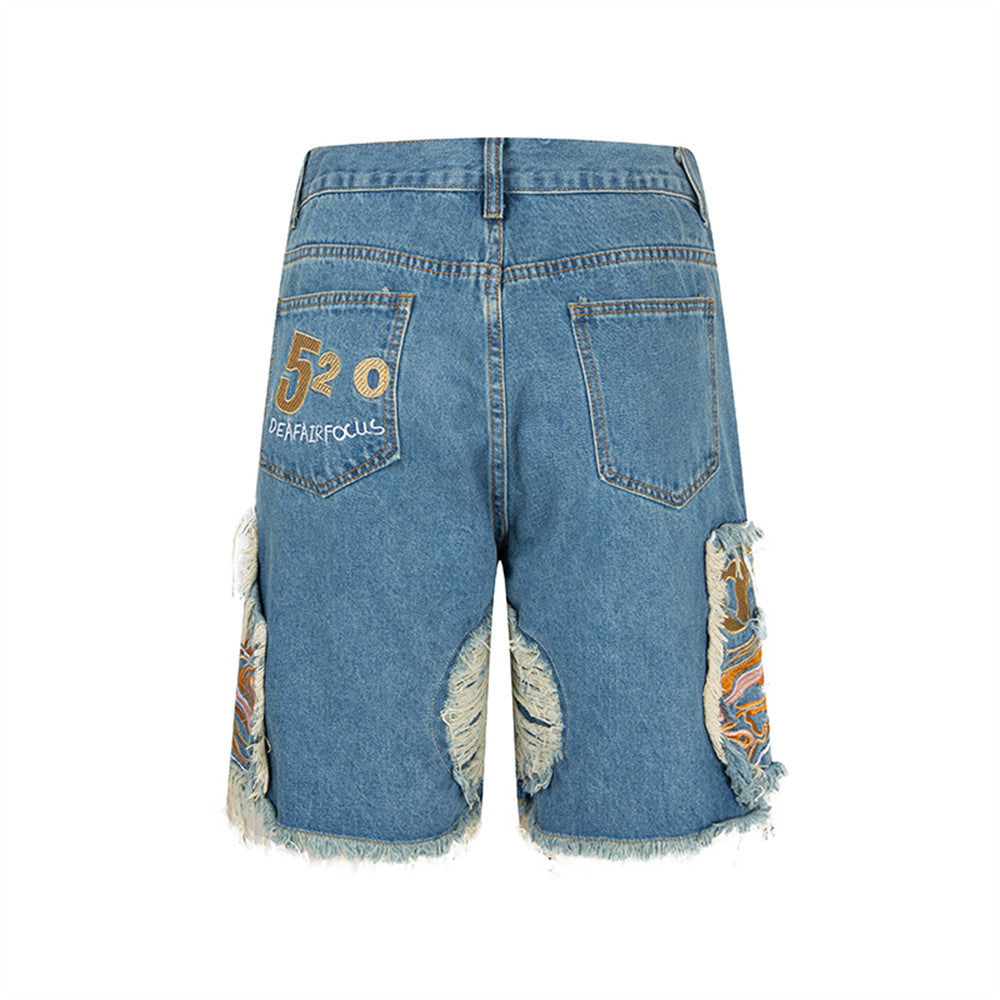 Heren Heavy-Duty Ripped Geborduurde Denim Shorts