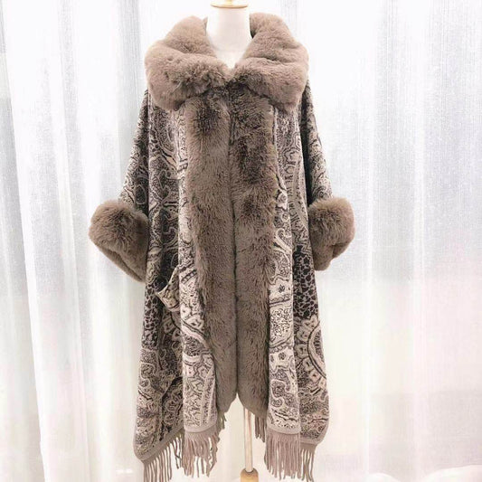 Women's Thick Fur Collar Plus Size Fringed Knitted Shawl Cape With Sleeves - Mubimart