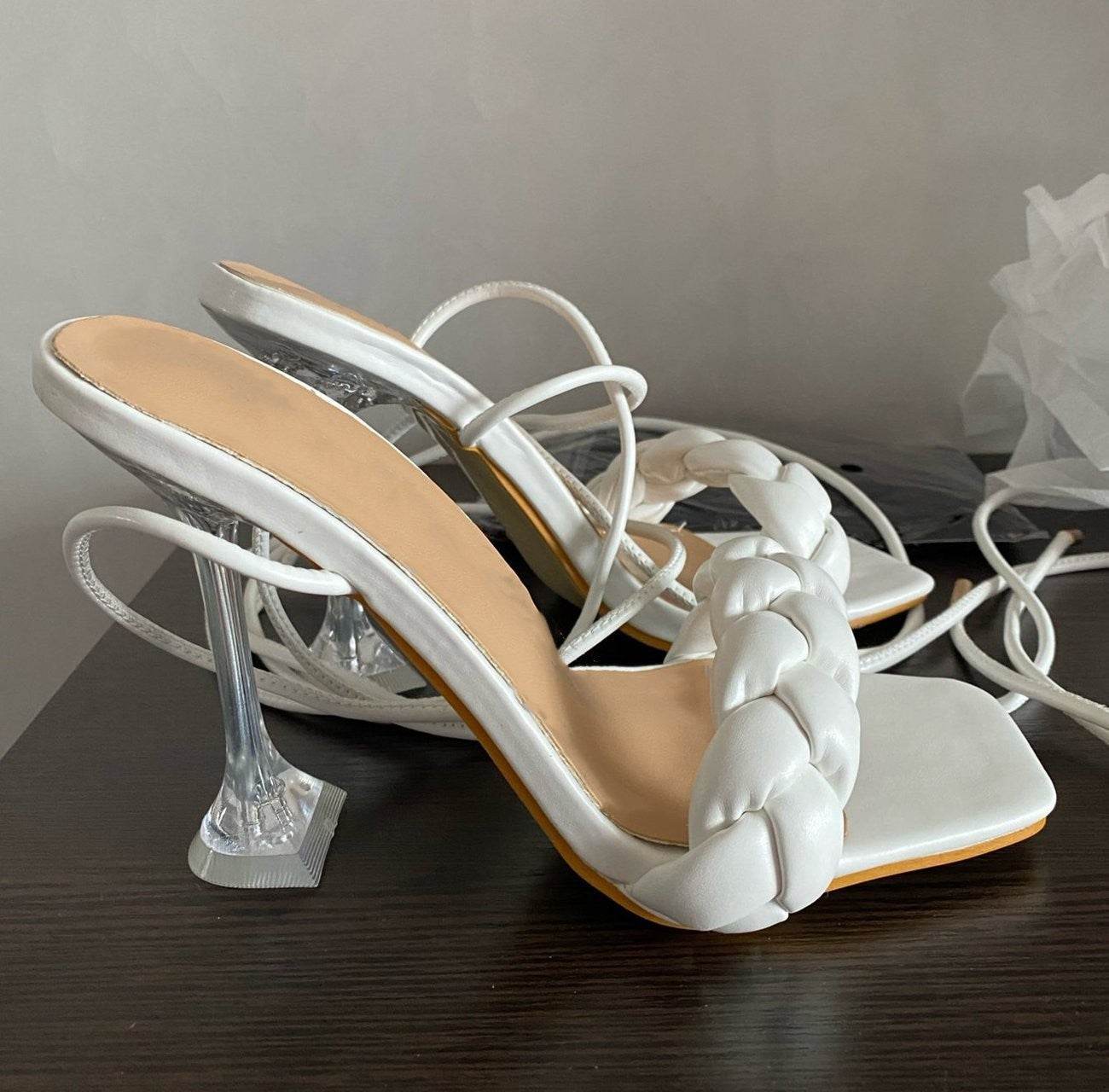 Weave Strappy Sandals Square Toe Stiletto High Heel Shoes Party Pumps - Mubimart